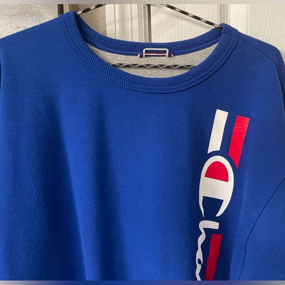 Champion Men’s Blue Vertical Spellout Crewneck Pullover L/S Sweatshirt/L-EUC - Picture 3 of 14